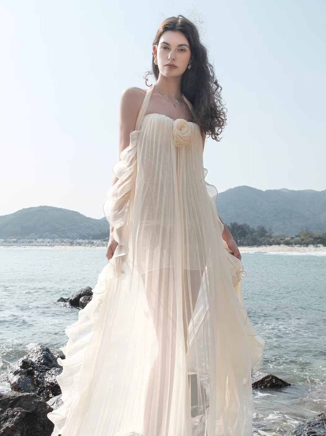 Mesh Halter Backless Strapless Maxi Dress