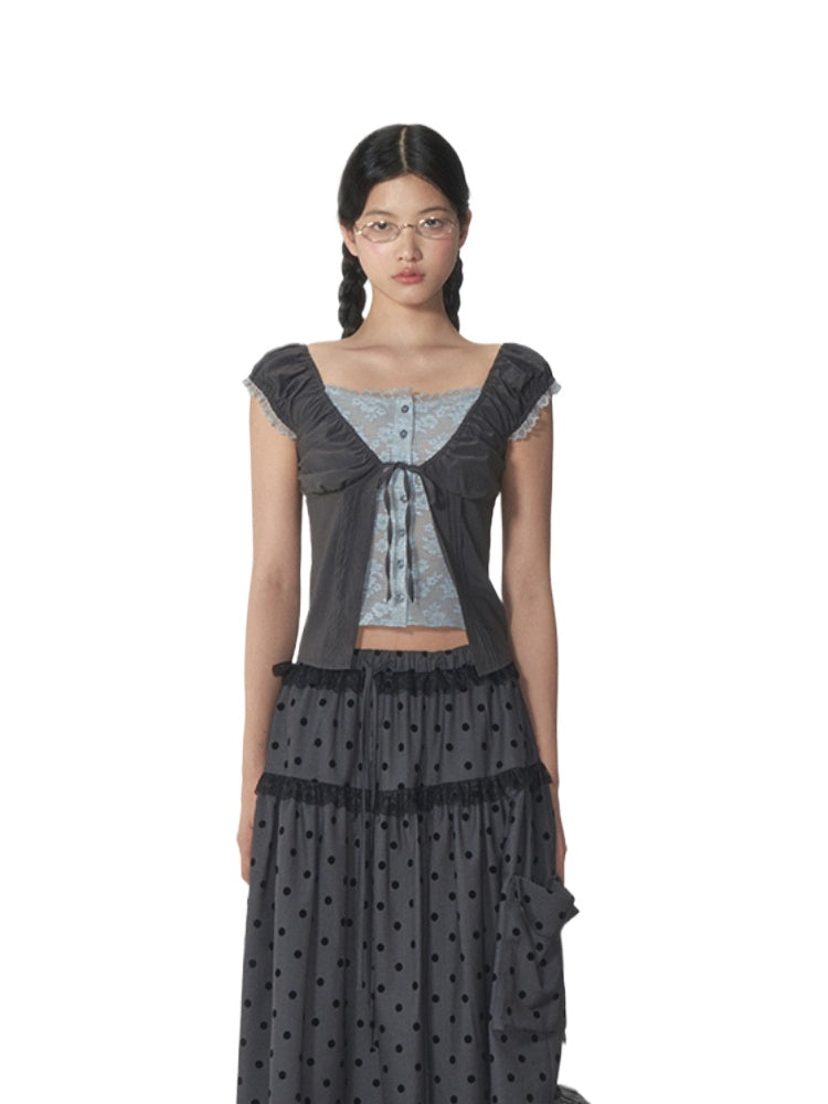 Fake Two-Piece Floral Lace Shirt Top