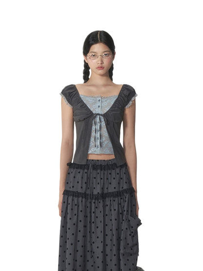 Fake Two-Piece Floral Lace Shirt Top - CHINASQUAD
