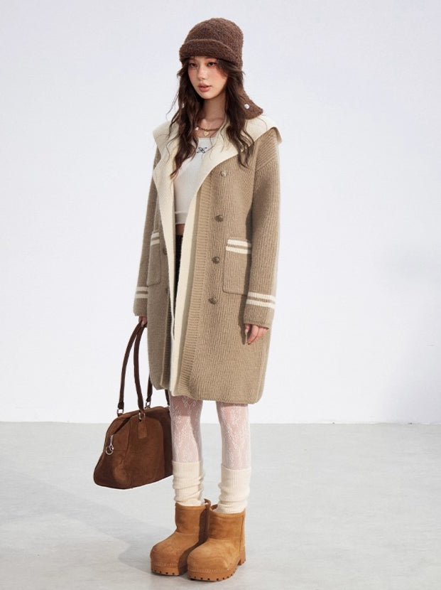 Detachable Collar Knit Hooded Long Cardigan