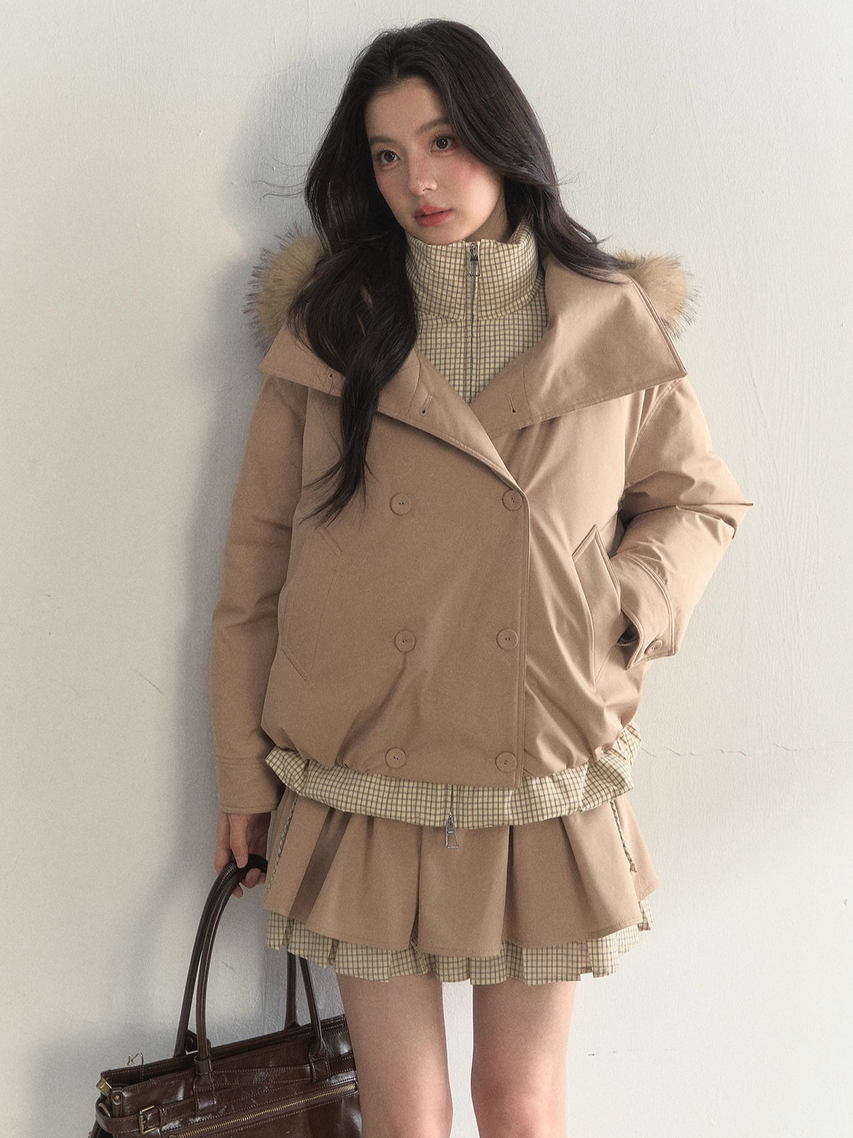 Khaki &amp; Pink Double-Breasted Layered Down Jacket
