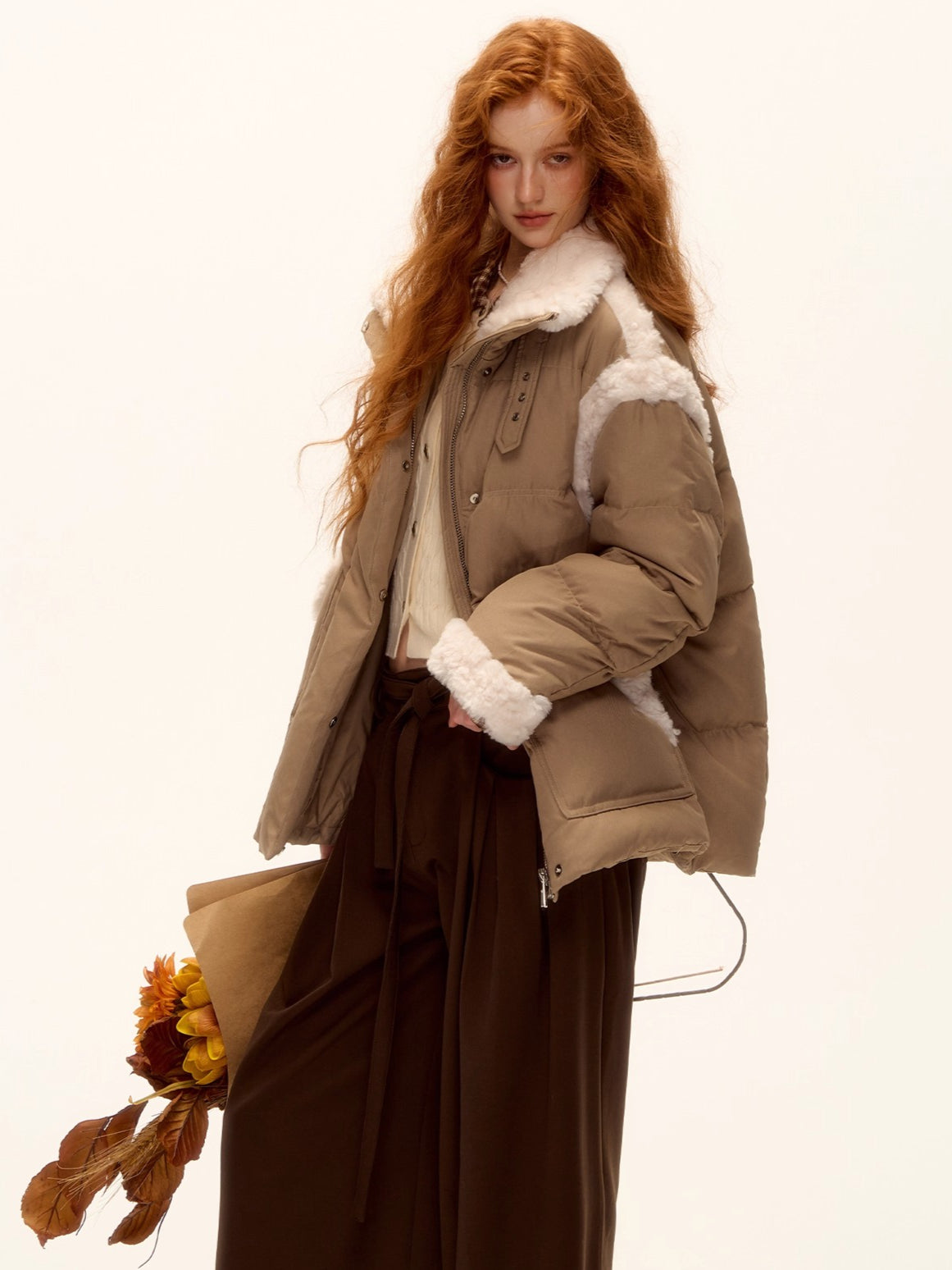 Faux Shearling Panel Down Jacket