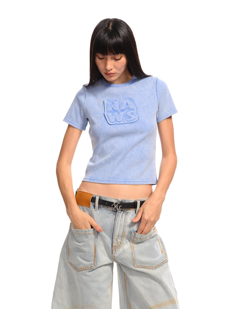 Applique Embroidery Washed Round - Neck Raw - Edge T - shirt - CHINASQUAD