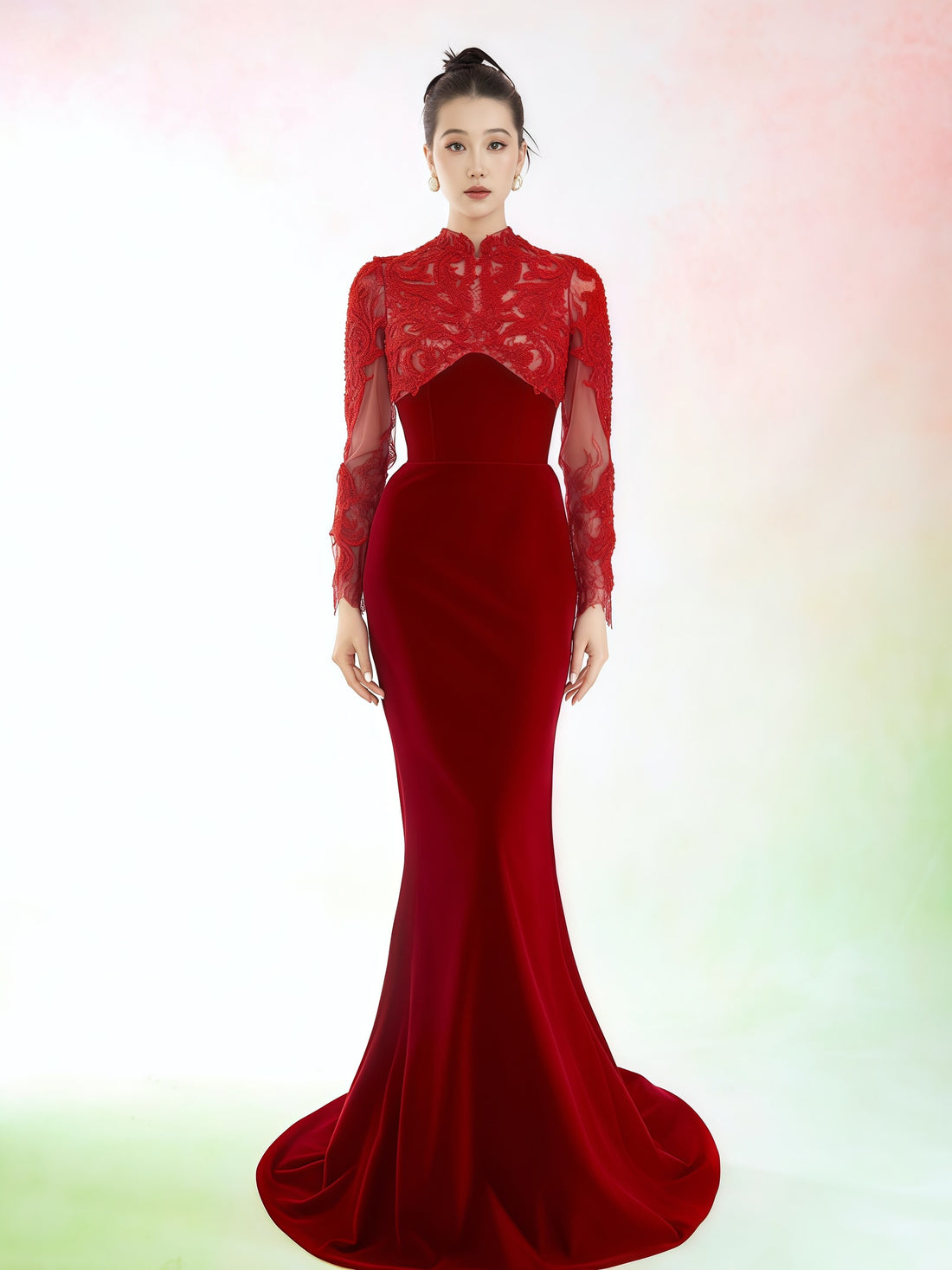 Red Embroidered Lace Illusion Mermaid Evening Gown