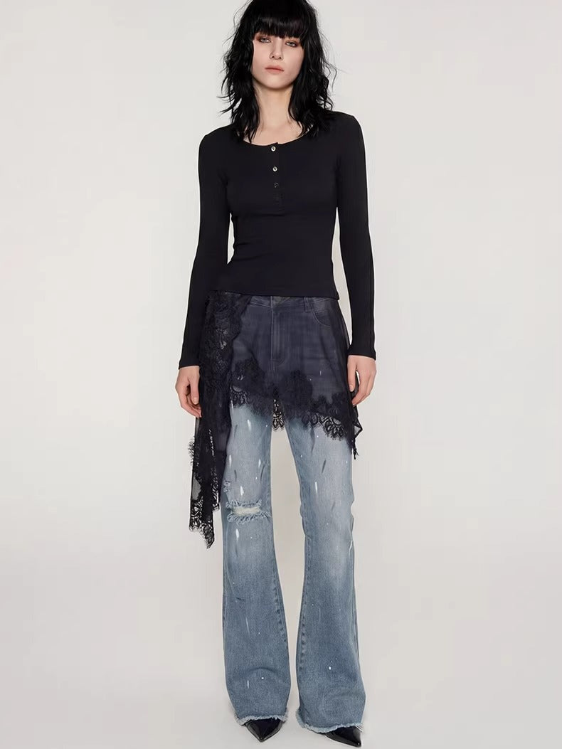 Paint-Splatter Flared Denim Pants