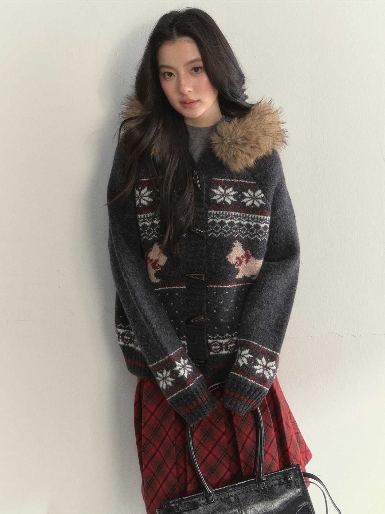 Charcoal Fair Isle Puppy Faux Fur Collar Knit Jacket