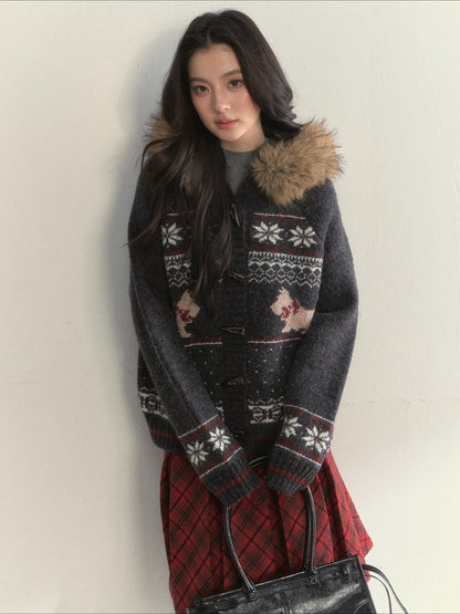 Charcoal Fair Isle Puppy Faux Fur Collar Knit Jacket