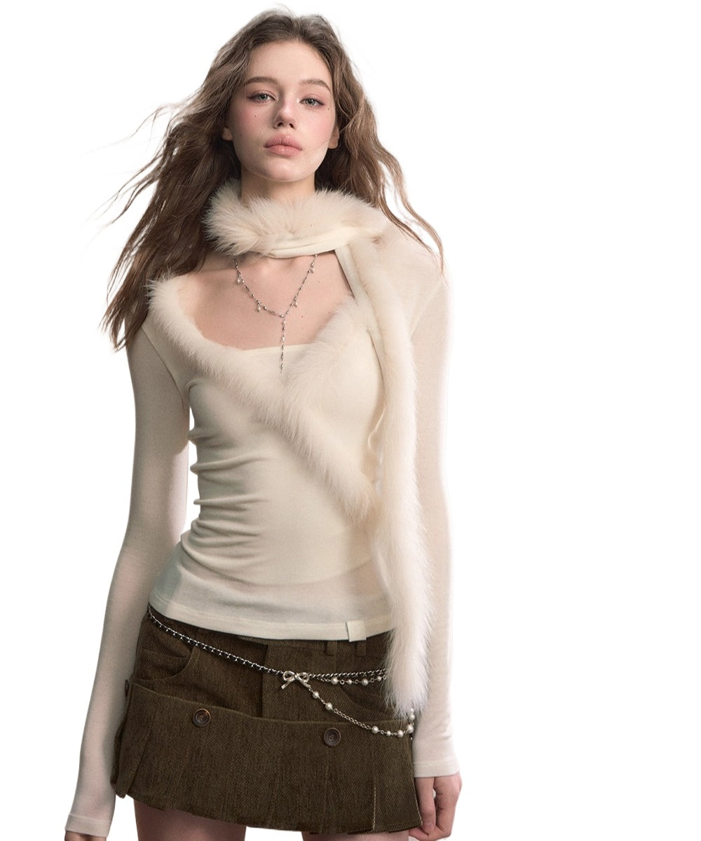 Fox Fur Scarf Trim Two-Piece Knitwear