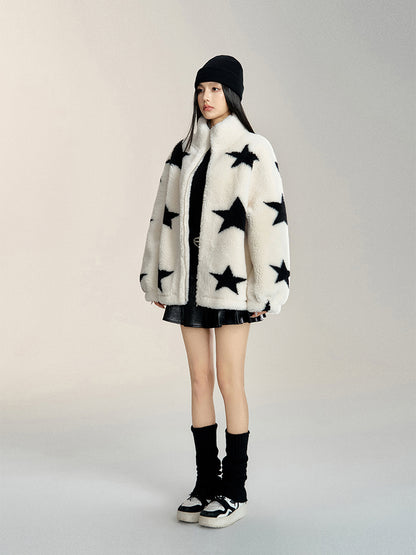 White Stand Collar Sherpa Star Jacket