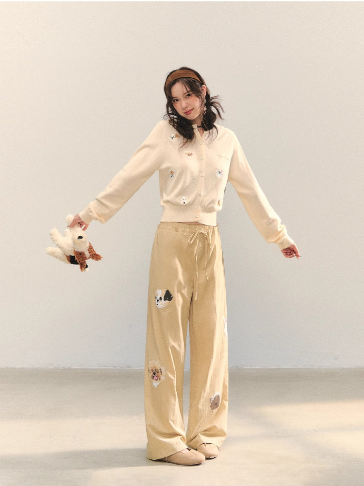 Dog Embroidery Crew Neck Knit Cardigan