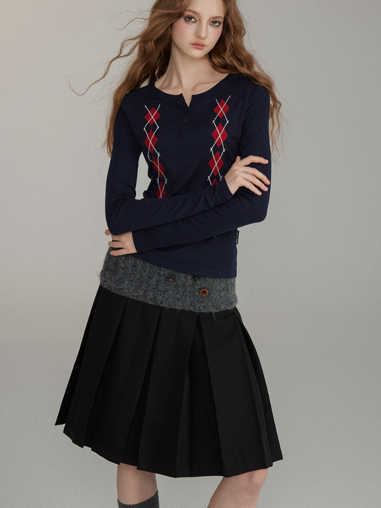 Patchwork Button Wool Pleated Skirt