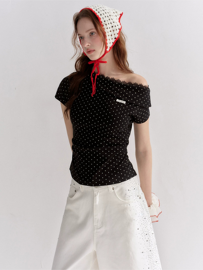 Asymmetric Off-Shoulder Polka Dot Lace Trim Fitted T-Shirt