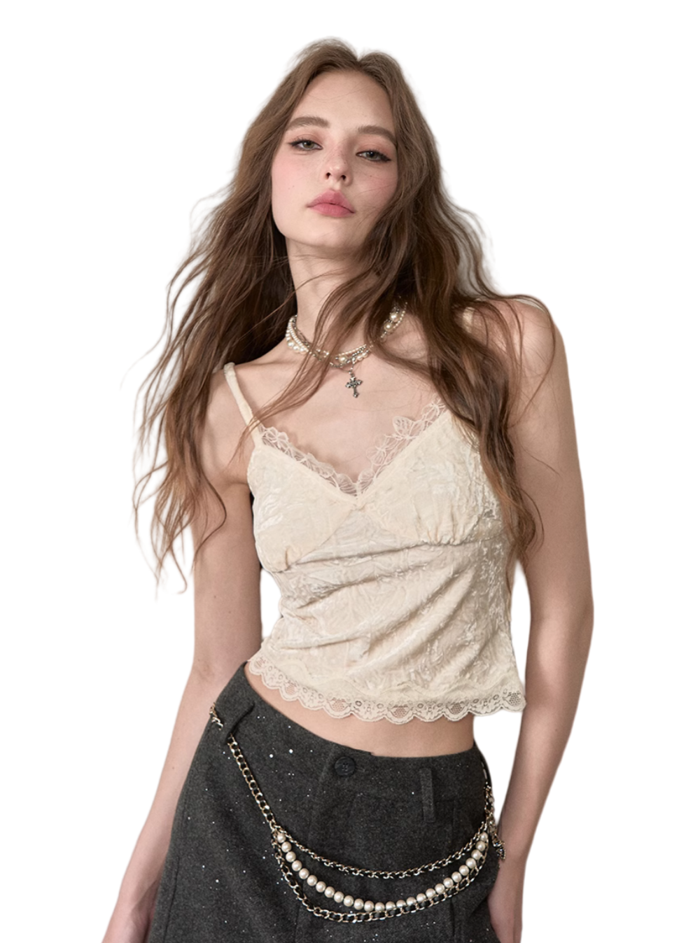Velvet &amp; Lace Spliced Slim-Fit Camisole