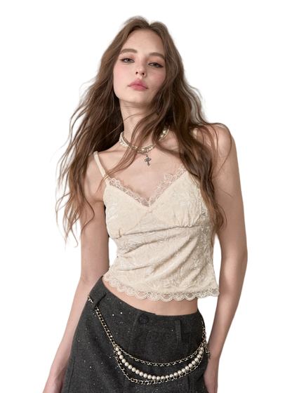 Velvet &amp; Lace Spliced Slim-Fit Camisole