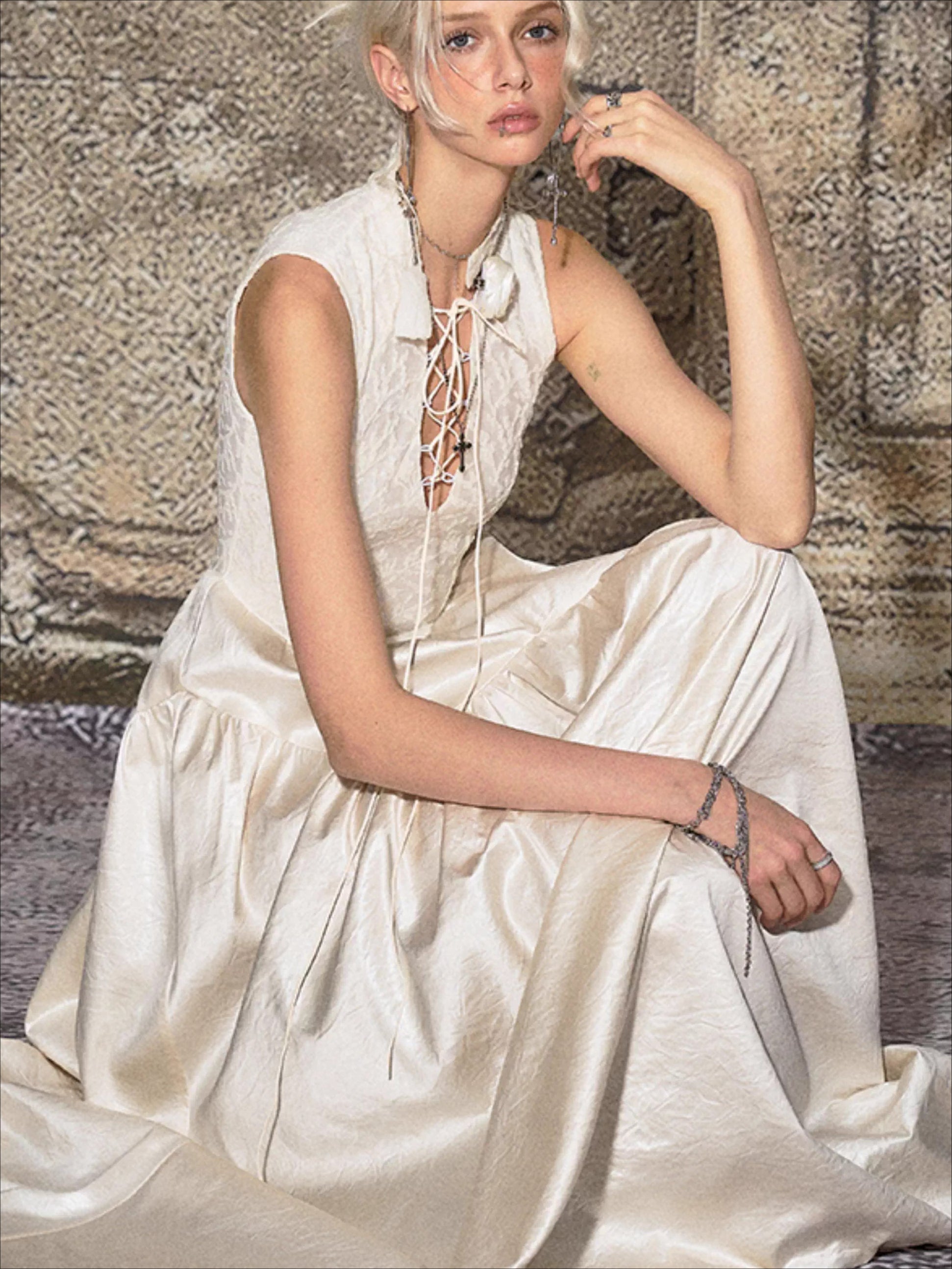 French Elegant Tie-Waist Maxi Dress