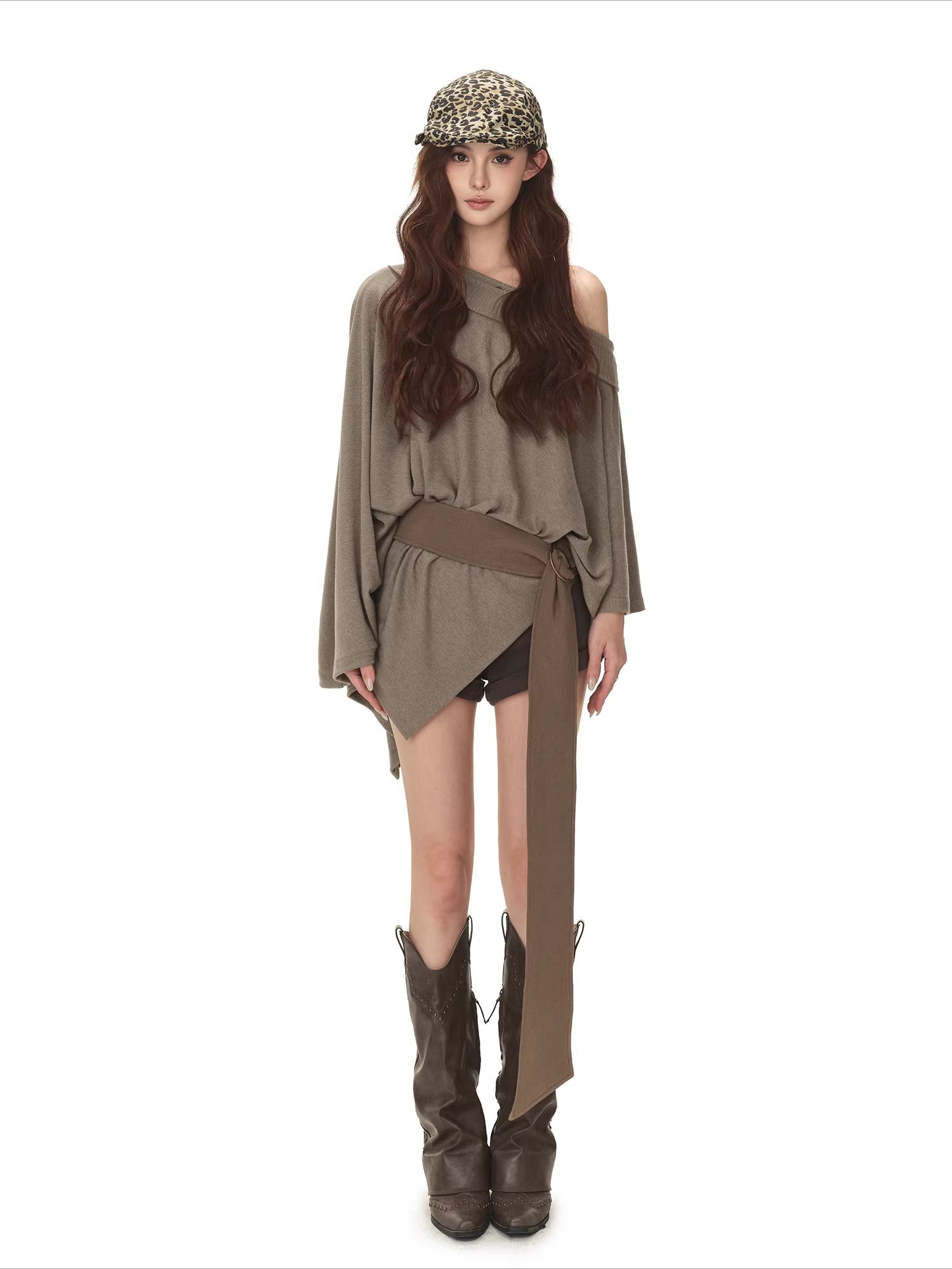 Cape-Style Off-Shoulder Long T-Shirt