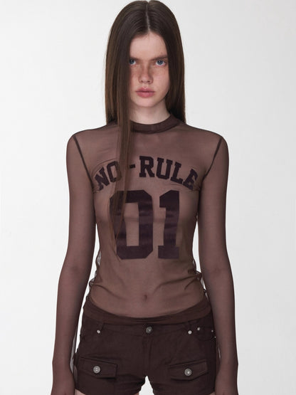 Velvet-Textured Sport Print Mesh Blouse