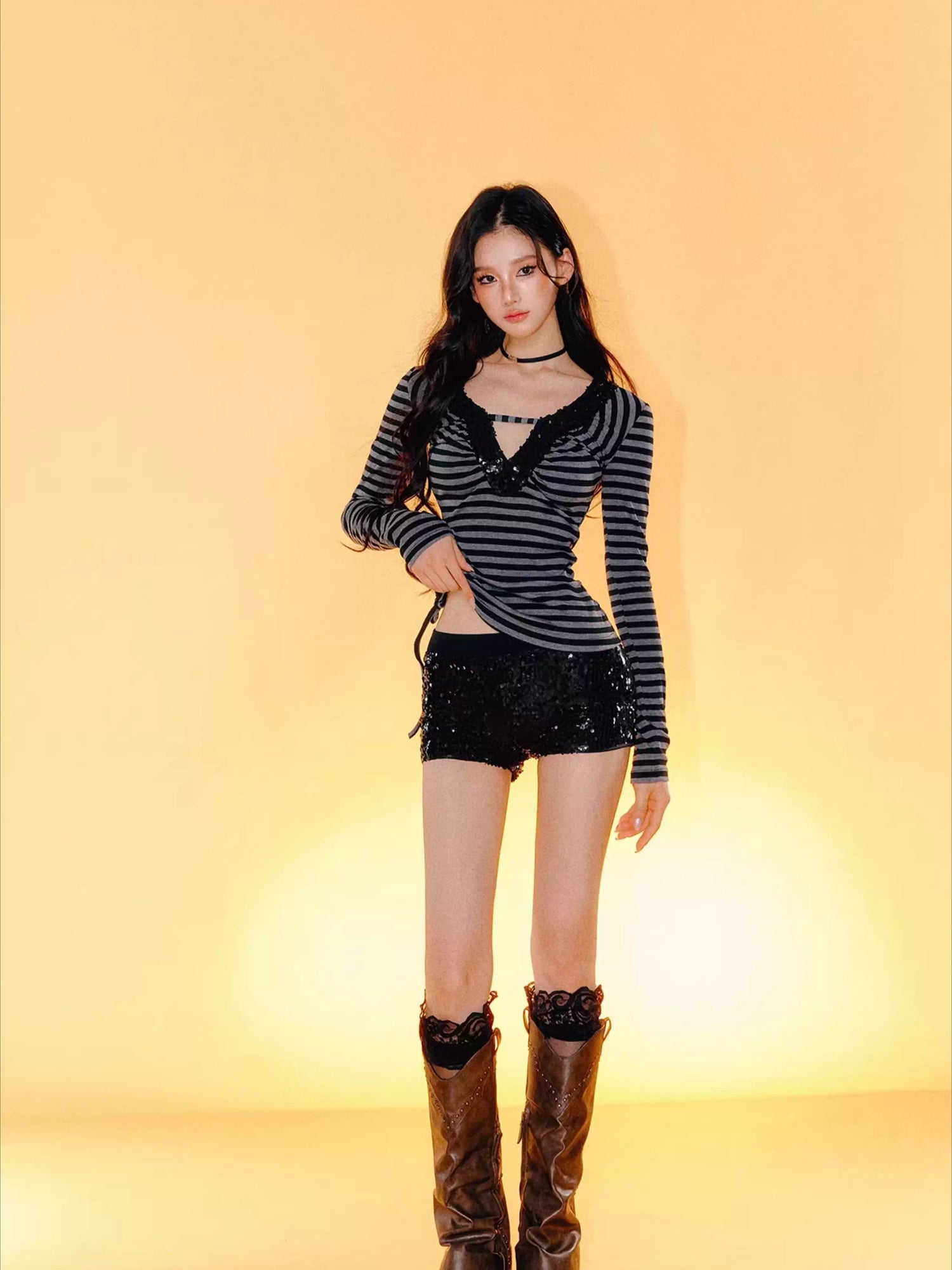 Striped V-Neck Slim-Fit Top &amp; Shorts Set