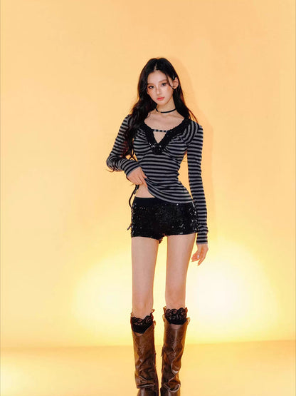 Striped V-Neck Slim-Fit Top &amp; Shorts Set