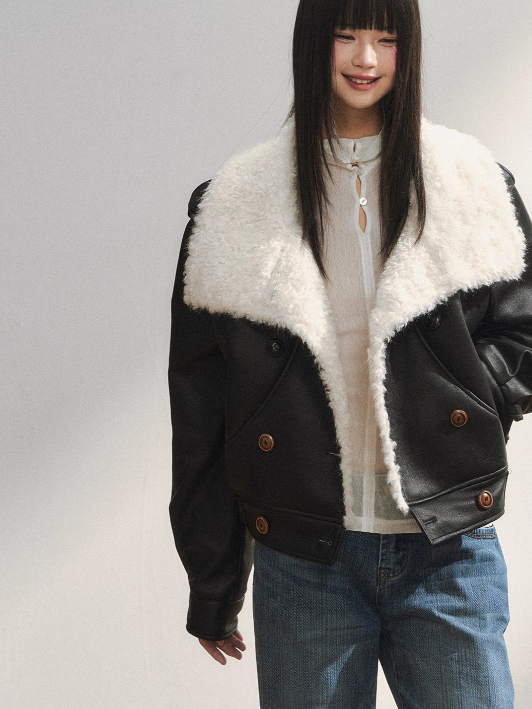 Black Faux Shearling Double-Breasted Leather Jacket