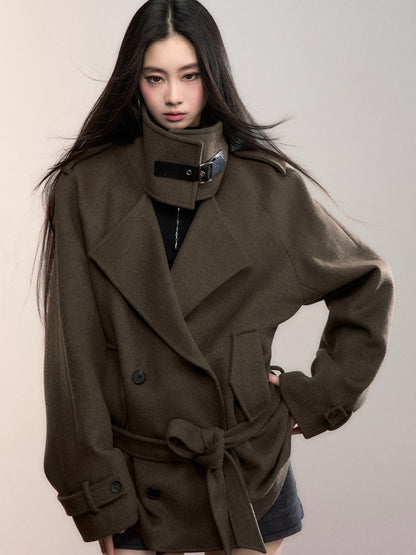 Structured Wool Blend High-Neck Coat