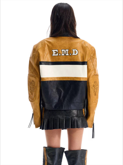 Color-Blocked Cropped Leather Sports Jacket