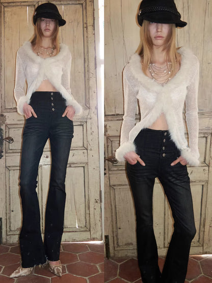 High-Waist Belted Slight-Flare Jeans