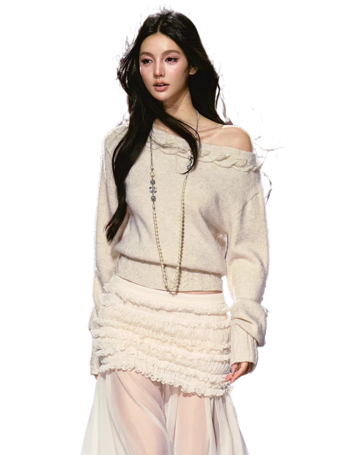 Off-Shoulder Cable Knit Slim Sweater