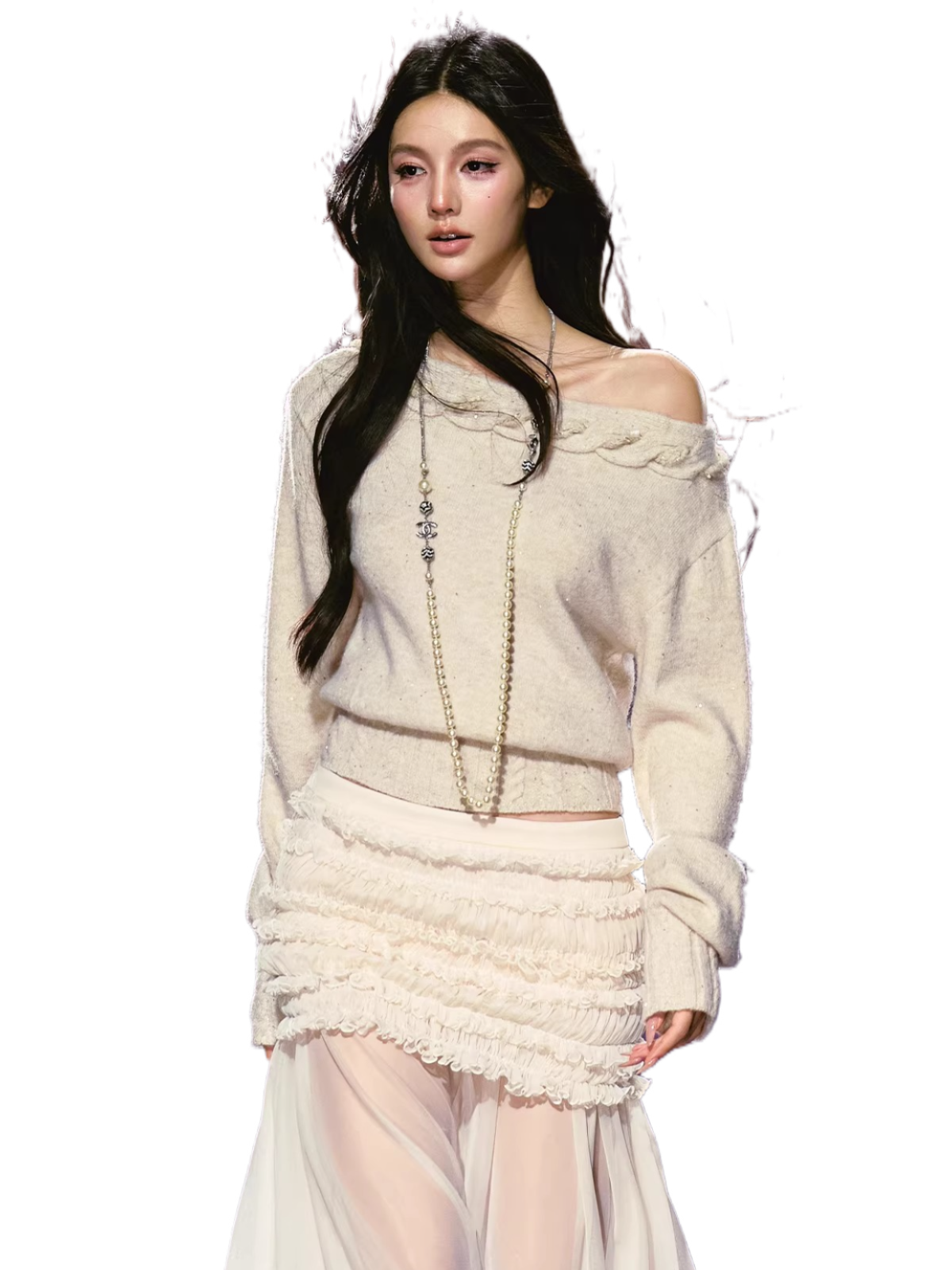 Off-Shoulder Cable Knit Slim Sweater