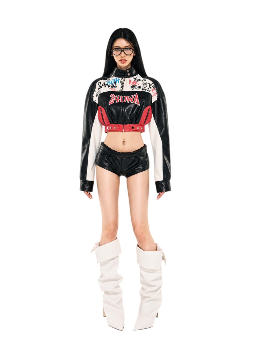Appliqué Cropped Motorcycle Jacket