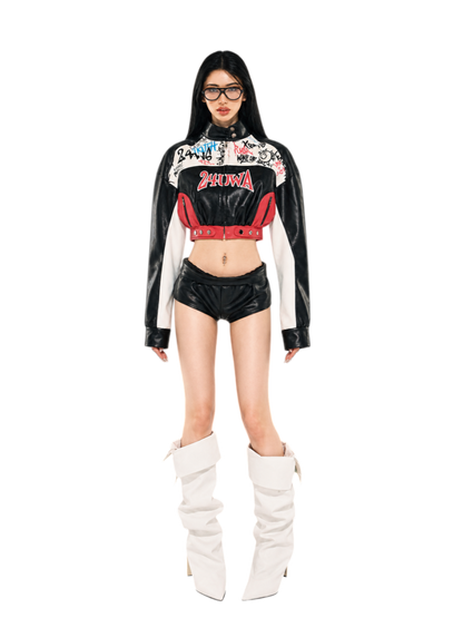 Appliqué Cropped Motorcycle Jacket