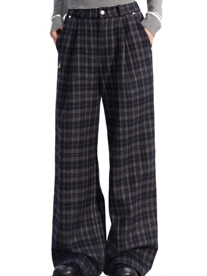 Plaid Fleece-Lined Wide-Leg Trousers