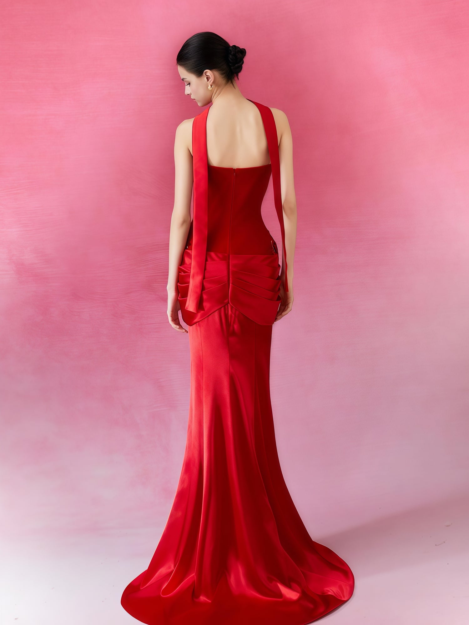 Scarlet Embroidered Halter Neck Mermaid Gown