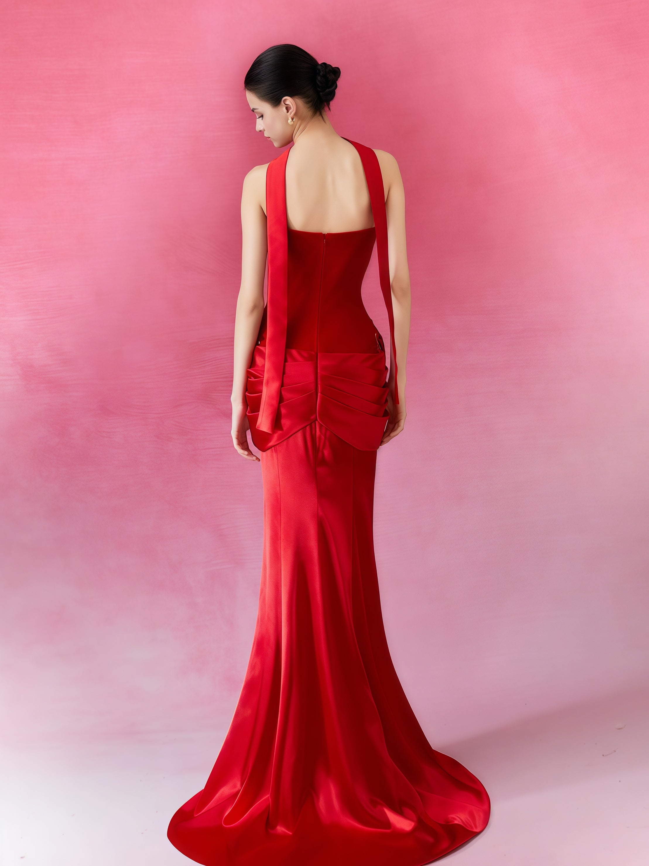 Scarlet Embroidered Halter Neck Mermaid Gown