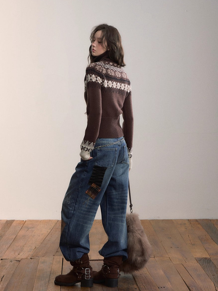 Fair Isle Wool-Blend Turtleneck Knit Cardigan