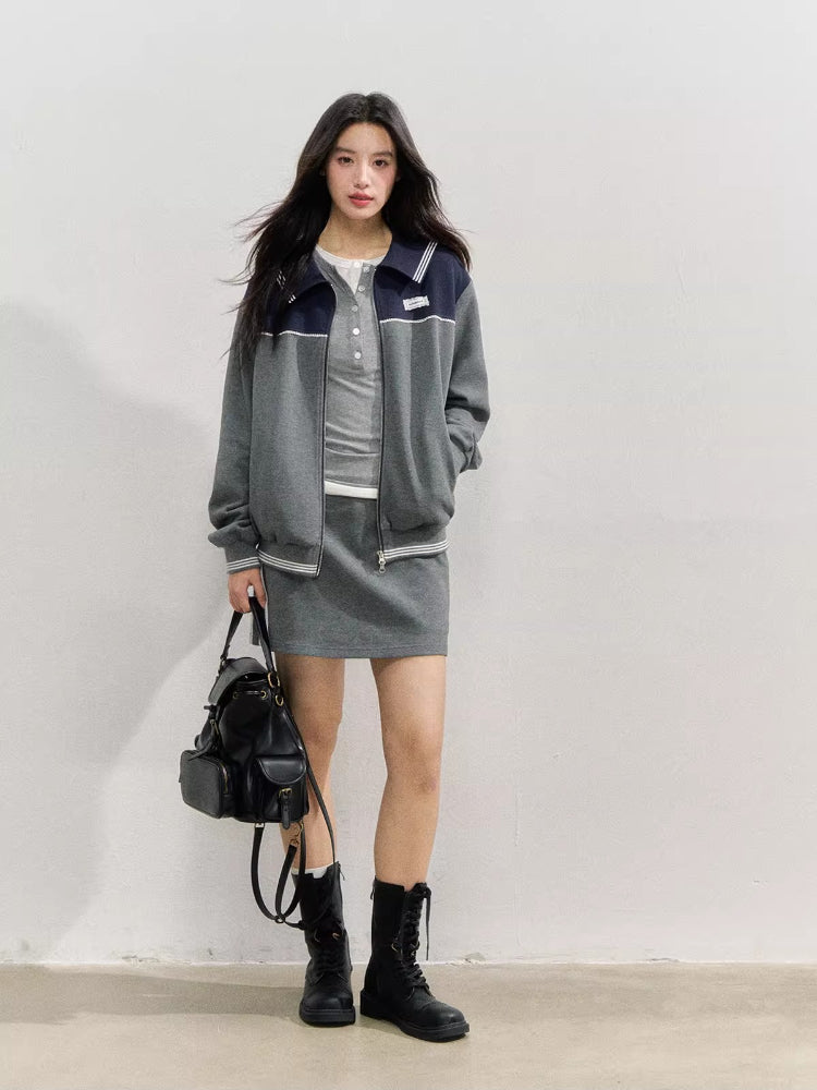 Sporty Miu-Style Color-Block Preppy Jacket &amp; Skirt Set