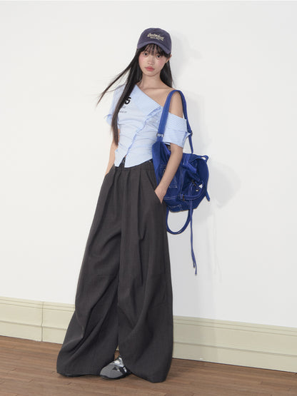 Pure-desire Asymmetric-shoulder Waist-cinching Blouse