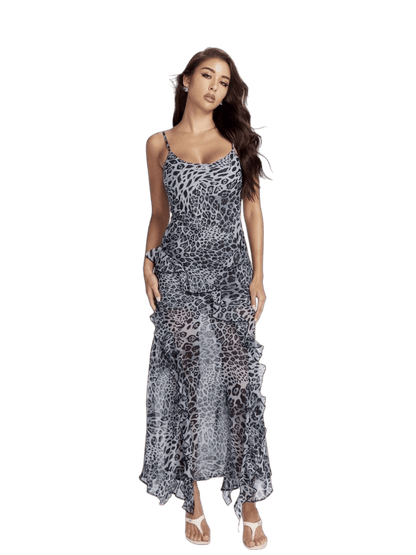 Blue Leopard Ruffle Maxi Dress