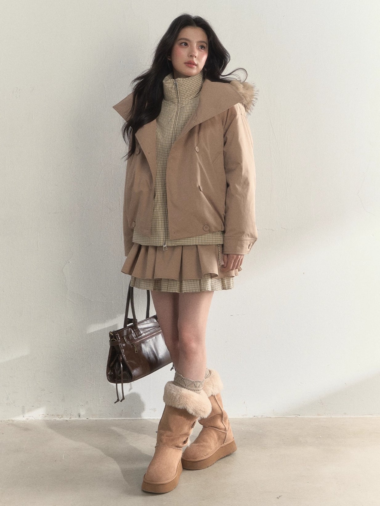 Retro Khaki Double-Layer Pleated Skirt