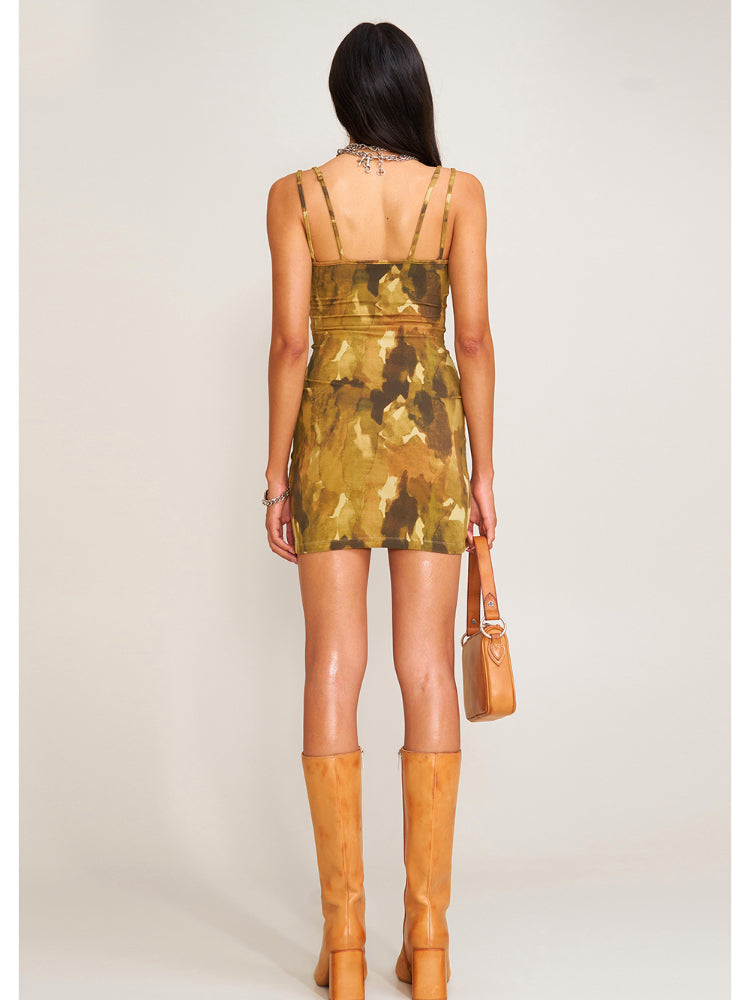 short camouflage dress Final Sale Plus Size Short Puffy Sleeve 3-Tiered Button Up Collar Baby Doll Dress in Camouflage Print