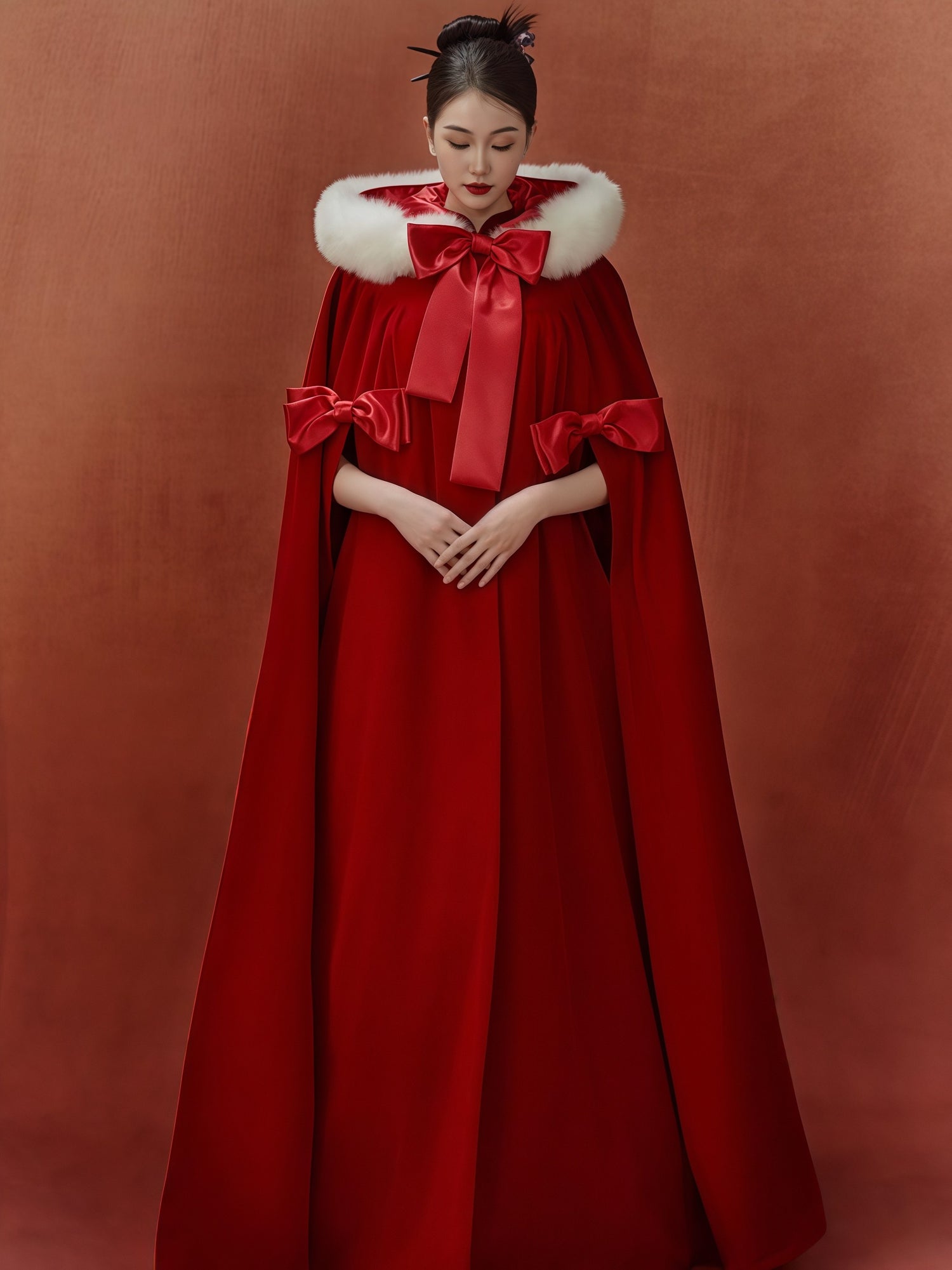 Scarlet Faux Fur Trim Bow-Detail Cape