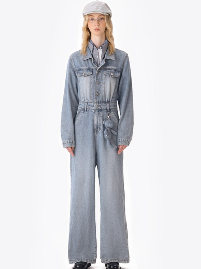 Denim Jumpsuit Straight-Leg Street Style