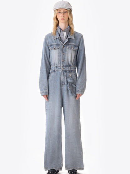 Denim Jumpsuit Straight-Leg Street Style