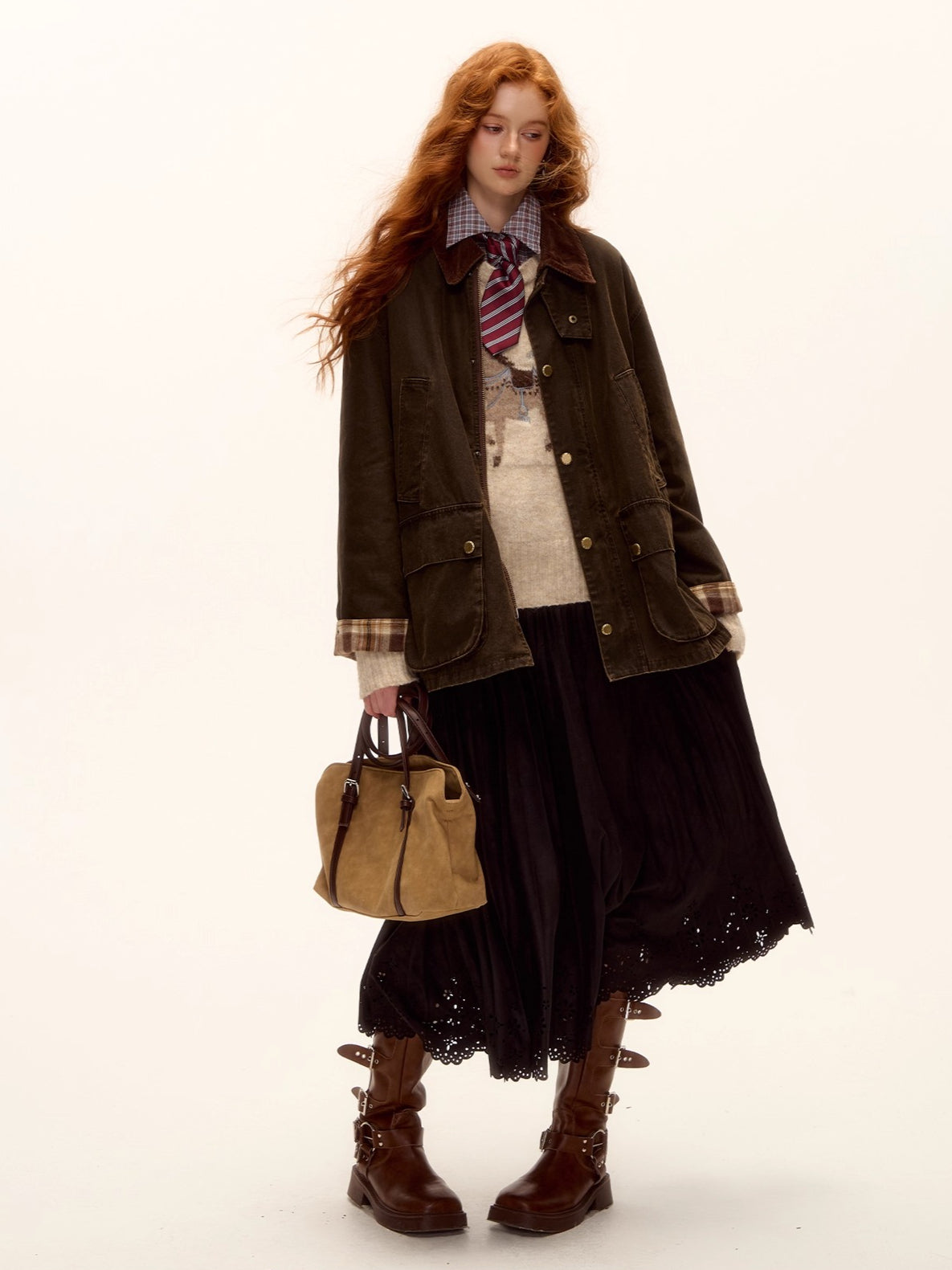 Suede Pleated Midi Skirt