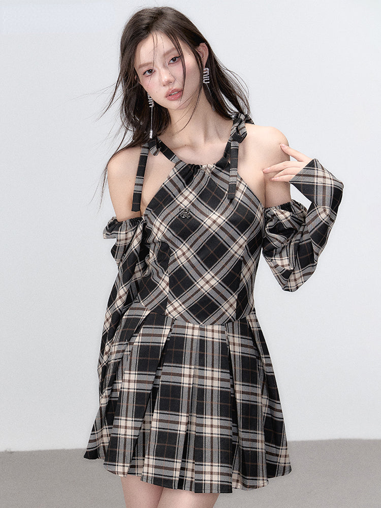 Black Plaid A-line Halter Mini Dress - CHINASQUAD