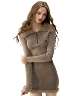 Khaki Collar Knit Mini Dress - CHINASQUAD