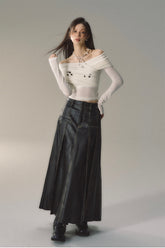 Black Pleated Leather Maxi Skirt - CHINASQUAD