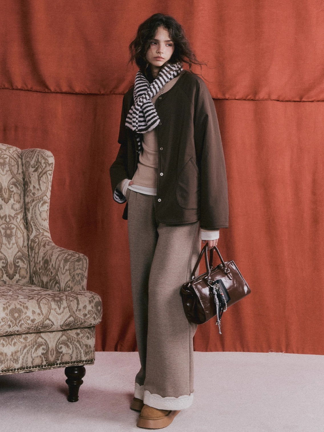 Embroidered Hem Wool Blend Wide-Leg Trousers