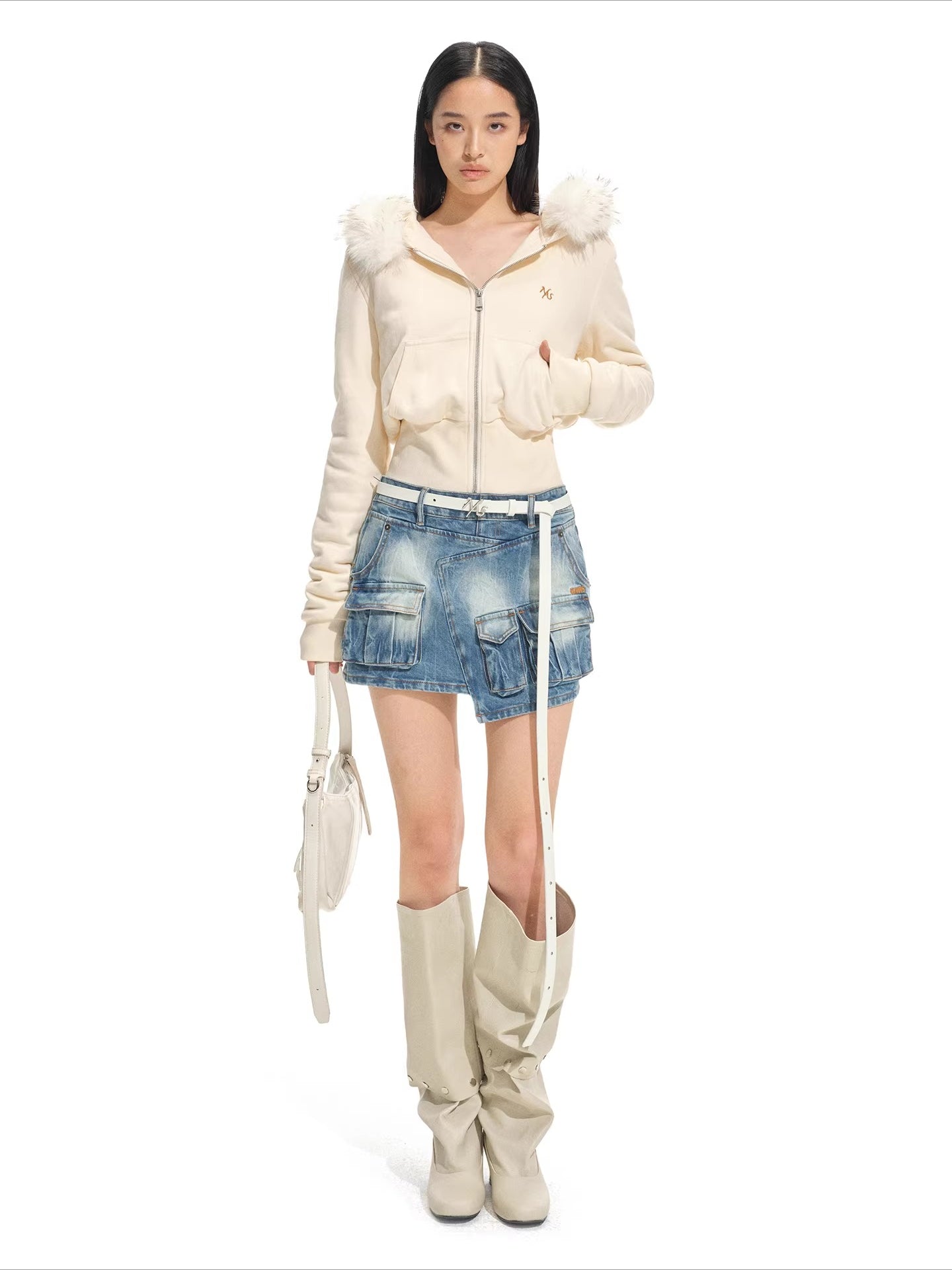 Detachable Faux Fur Collar Hooded Fitted Jacket