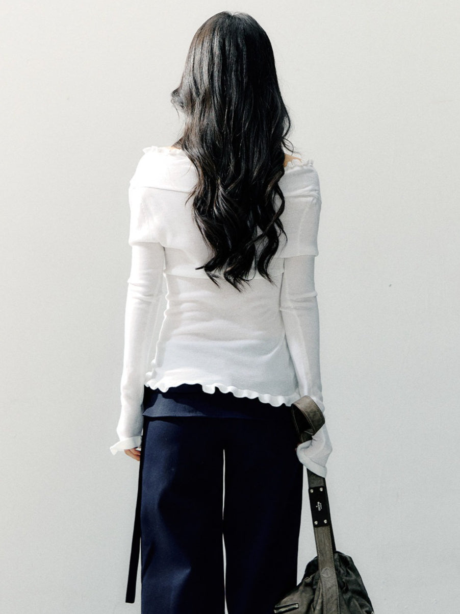 Off-Shoulder Ruffle Trim Fitted Knit Base Layer